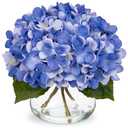 Hollyone Hydrangea Artificial Flowers with Vase Slate Blue Silk Fake Flowers Arrangements Floral Bulk Bouquet in Glass Vase with Faux Water for Home Bathroom Office Table Centerpiece Shelf Decorations