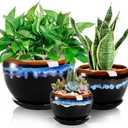 Pack of 3 Ceramic Flower Pots, Gardening Drip Glazed Planter, Plant Pot with Drainage Hole and Saucer, 7/5/4 Inch Rustic Houseplant Container for Succulent Herbs Cactus Orchid, Home Indoor Outdoor