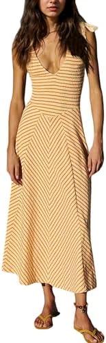 MISSACTIVER Striped Smocked Flowy Midi Dress for Women Summer Sleeveless V Neck Tie Straps Backless Beach Long Dresses Yellow S