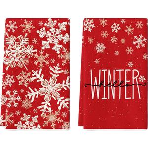 Artoid Mode Red Snowflake Hello Winter Kitchen Towels Dish Towels, 18x26 Inch Farmhouse Holiday Decoration Cleaning Set of 2