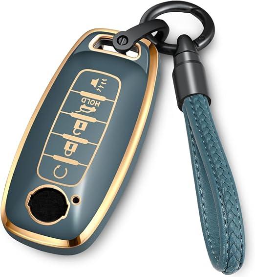 Lcyam Key Fob Cover Remote Case with Keychain Strap, Compatible with Nissan 2023 2024 Rouge Pathfinder Versa 5 Button Smart Car Key, Blue-Gray