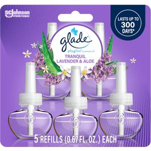Glade PlugIns Refills Air Freshener, Scented and Essential Oils for Home and Bathroom, Tranquil Lavender & Aloe, 3.35 Fl Oz, 5 Count