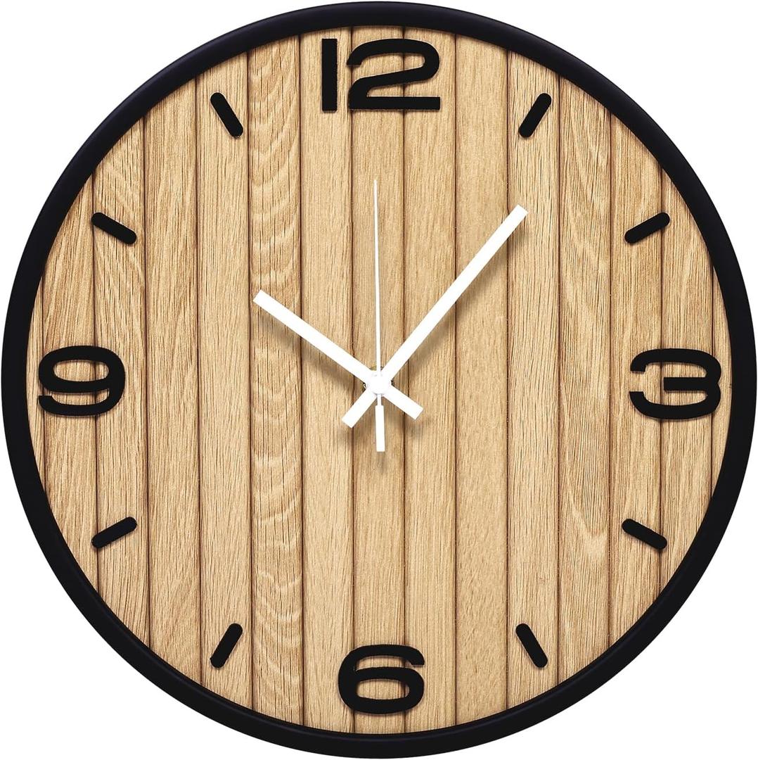 10 Inch Wooden Round Wall Clock, Non-Ticking Quartz Decorative Analog Clocks Battery Operated for Apartment, Living Room, Bedroom, Hallway, Classroom - Gifts for Family and Friends (Black)