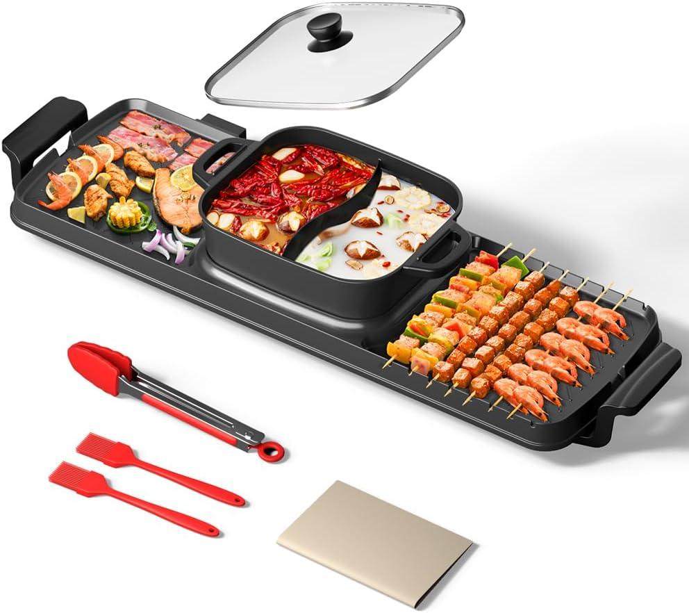 AORAN Smokeless Electric Hot Pot & Grill Combo, Large 9.5"x29" Non-Stick Design, 3 Adjustable Heat Levels, Easy to CleanIncludes Brushes, Tongs & Paper (Black)