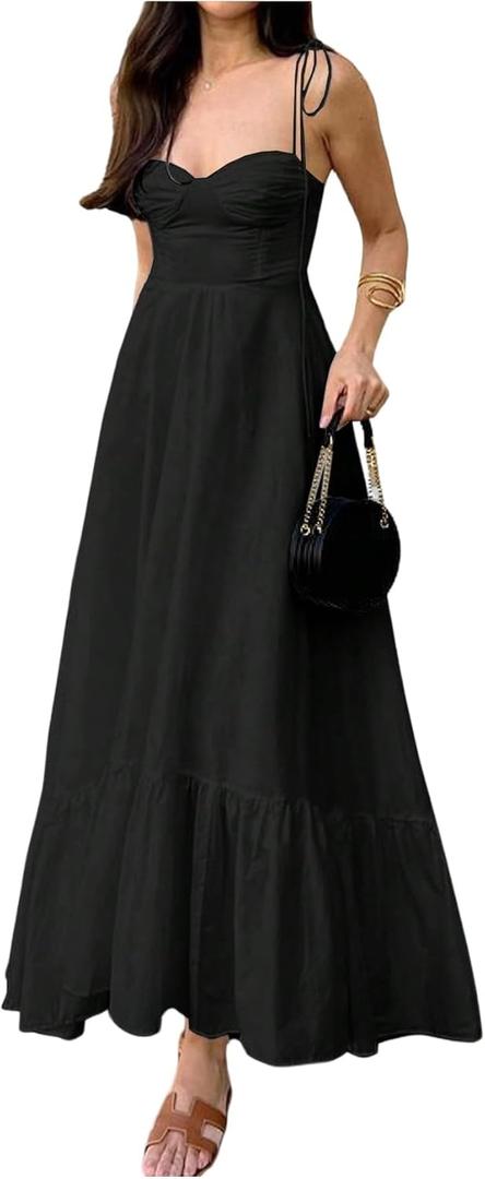 Floerns Women's Tie Shoulder Smocked Long Dress Ruffle Tiered Flowy Wedding Guest Dresses (Black)