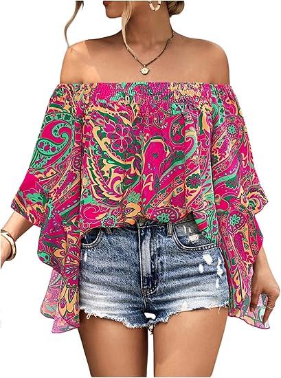Women's Y2K Floral Off Shoulder Blouse Boho Shirt Ruffle Half Bell Sleeve Blouses Shirred Vacation Beach Shirt 2XL