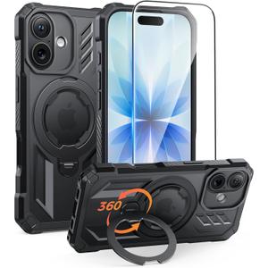 FNTCASE for iPhone 17 Phone Case: [360 Spin Magnetic Ring Kickstand] [Compatible for MagSafe] [Screen Protector] Heavy Duty Military Grade Protection Protective Phone Case with Stand Black