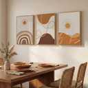Framed Boho Neutral Terracotta Abstract Wall Art Bedroom, 3 Piece Beige Orange Sun Arch Canvas Artwork for Walls, Mid Century Modern Rainbow Prints Wall Decor for Living Room Nursery Room, 16x24 Inch