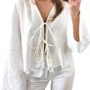 Bow Tie Front Tops for Women V Neck Linen Lace Up Shirts Casual Long Flare Sleeve Blouese Summer Going Out Tops (X-Large, White)