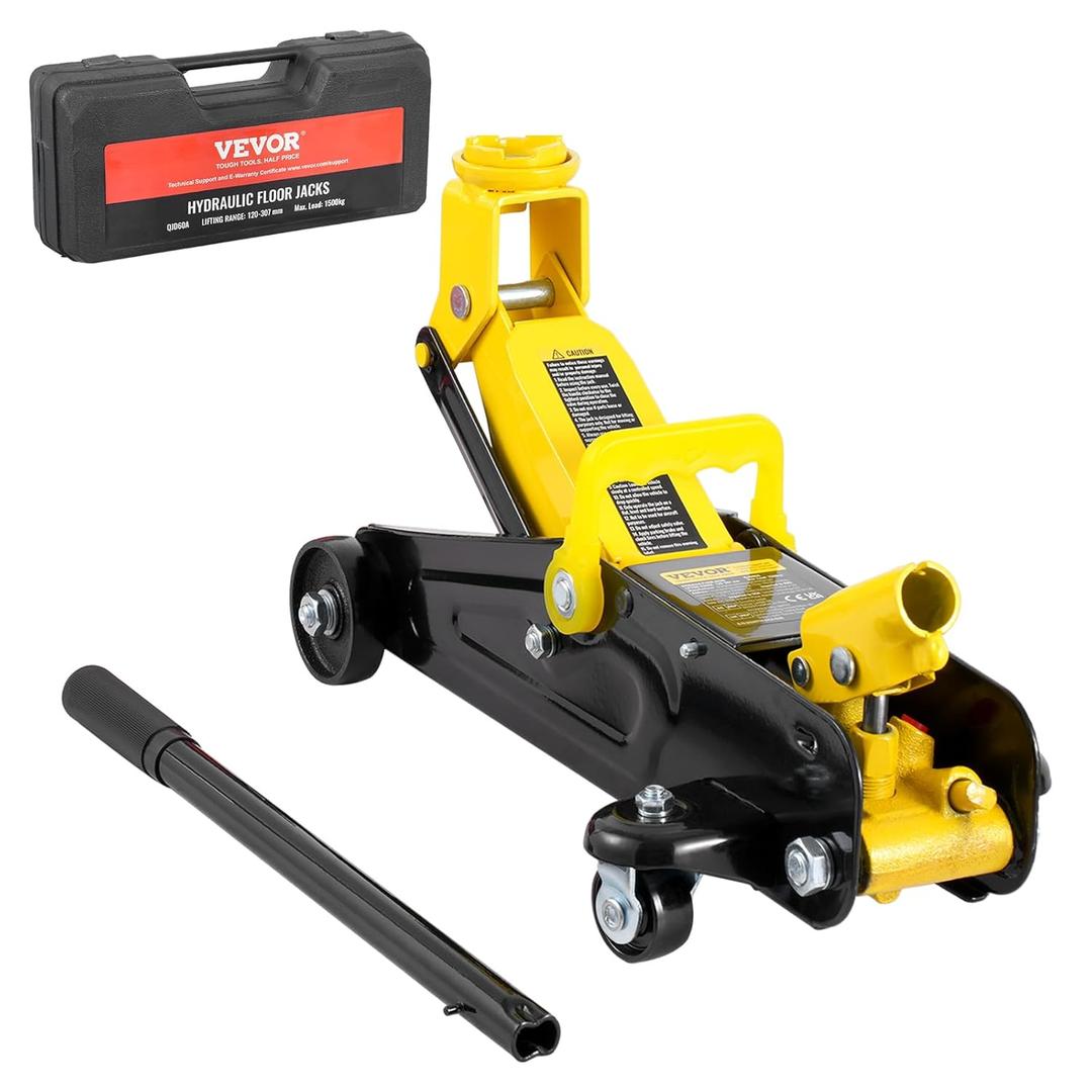 VEVOR Low Profile Floor Jack 1.5 Ton (3300 lbs), Heavy Duty Iron Hydraulic Racing Floor Jack, Hydraulic Car Jack, Single Piston Quick Lift Pump, 4.7"-12.1" Height Lifting Range (Yellow)
