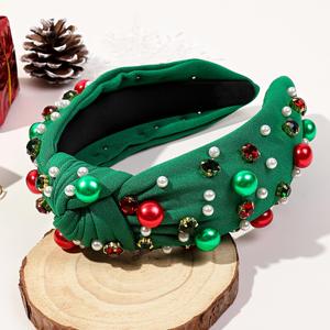Ivyu Christmas Headbands for Women Adults Girls Green Headband with Jeweled Pearl Sparkly Headbands, Pack Of 2