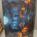 vandlife Halloween Home Decoration Dark Blue Spooky Tomb Canvas Wall Art Smiling Creepy Pumpkin Lantern Framed Poster Decor for Living Room Bedroom 24x16in