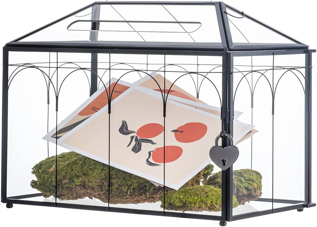 NCYP Wedding Glass Cards Box with Slot and Lock - 12.6" x 5.9" x 9" Vintage Indoor Tabletop Geometric Terrarium, Black Card Holder for Reception, Wishwell, Party Decor (Glass Box Only)