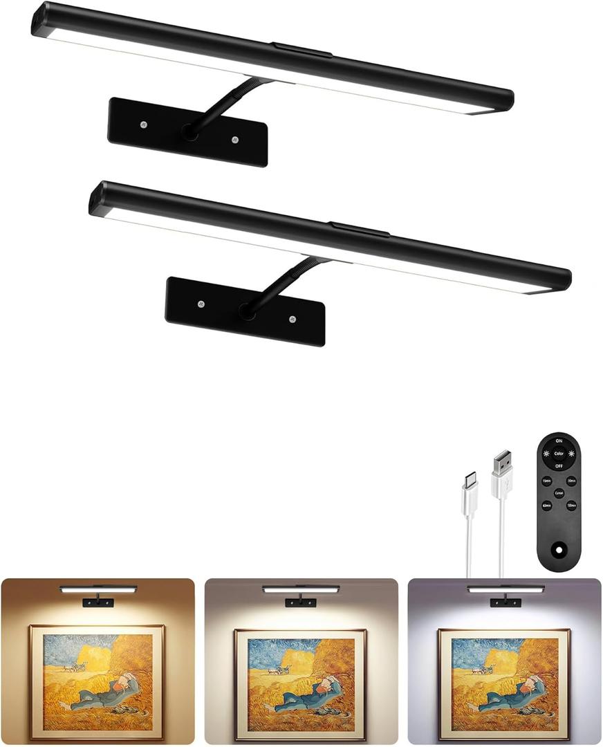 EZVALO Picture Light for Wall, 16'' Black Rechargeable 4800mAh Battery Lights Wireless Remote, Dimmable Magnetic LED Art Painting Light with 3 Color Temperatures, Display for Gallery, Living Room(2P)