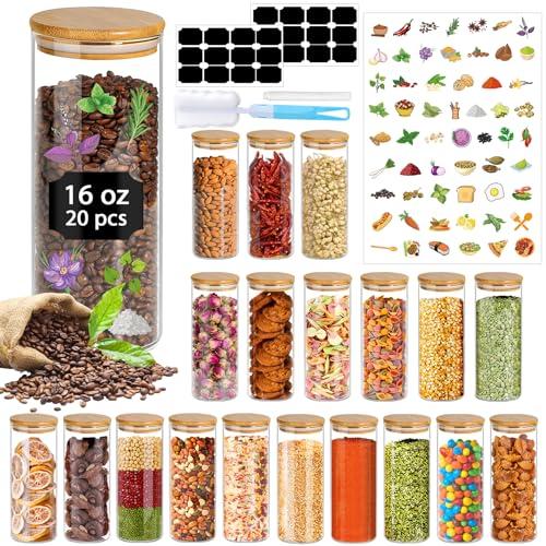 BGraceyy 16 oz 20 pcs Glass Jars with Bamboo Lids, Stackable Clear Food Storage Jars, Airtight Kichen Glass Pantry Storage Containers with Lids for Rice, Candy, Sugar, Flour, Nuts, Cookie, Spice Only 1 without a lid