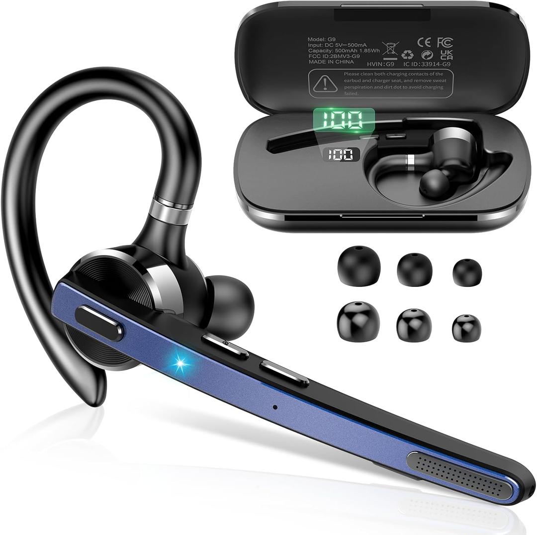 Bluetooth Headset, Wireless Bluetooth 5.3 Earpiece, 90Hrs Hands Free Headset with APTX HD Audio & Mute Button, Dual Noise Cancelling Mics, Single-Ear Headphone for Trucker/Business/Gym/Blue