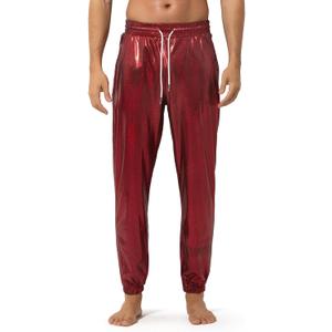 Arjen Kroos Men's Metallic Shiny Jogger Pants Breathable Party Night Club Disco Trousers (Red, Medium)