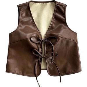 Verdusa Women's Western Leather Vest Bow Tie Front V Neck Sleeveless Lightweight Jacket Outerwear (Large, Brown)