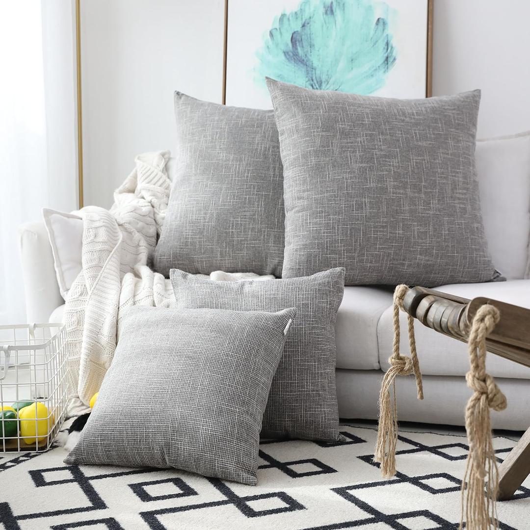 Kevin Textile 2 Pack Decorative Linen Throw Pillow Covers, Neutral Outdoor Pillows Cover Large Cushion Cases Boho Farmhouse Decor for Couch Chair Bedroom, 24 x 24 inches, 61cm, Grey (Gray)