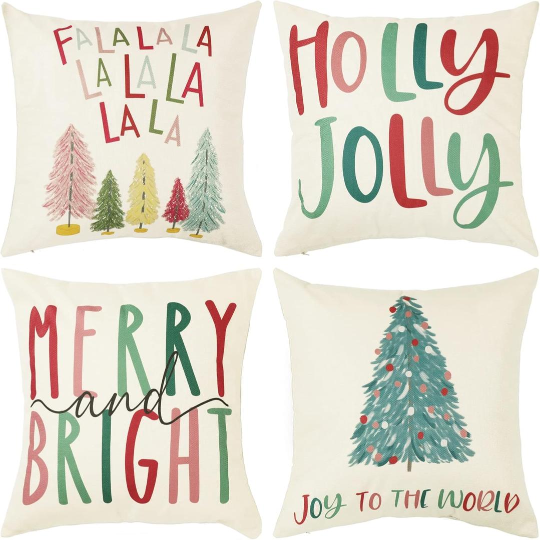 NEWLIGHTURE Merry Bright Christmas Pillow Covers Colorful Holiday Holly Jolly Set of 4 Winter Decorative Throw Pillow Covers Cushion Case for Home Sofa Bed Chair (18" L x 18" W)