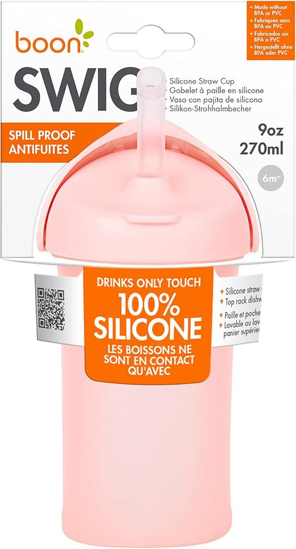 Boon Swig Toddler Silicone Straw Cup, 9 Ounces Pink