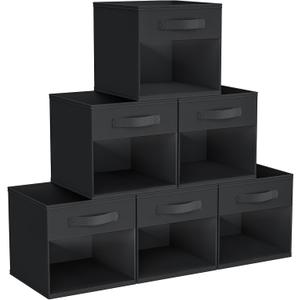 DIMJ Cube Bins, 6 Packs Fabric Storage Cubes with Clear Window, Storage Bins with Handles, Storage Baskets for Organizing Living Room, Bedroom, Office, Black
