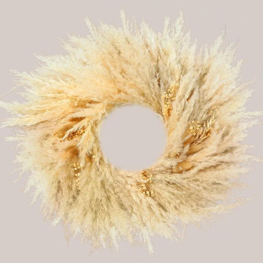 Natural Pampas Grass Wreath, 20'' Real Pampas Wreath for Front Door, Boho Wall Decor, Farmhouse Style, DIY Arrangement, Feather Wall Decor