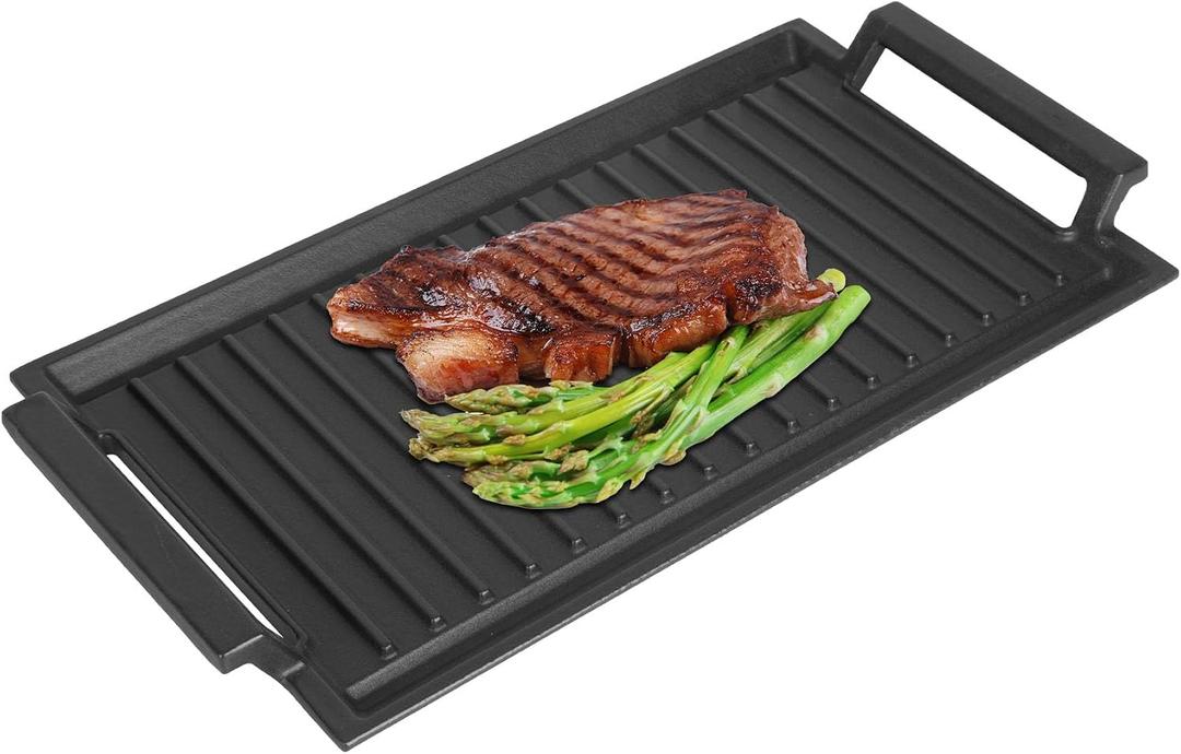 SafBbcue Cast Iron Pot, Griddle Pan Hot Plate Ridged Surface, Pre-Seasoned, Grill for Stovetop, Oven, Grill & Campfire, Suitable for Outdoor Cooking Kitchen and Patio Backyard, 17 x 11in