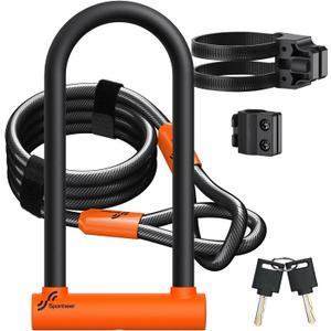 Sportneer Bike Lock: Heavy Duty Bike U Lock with 6ft Security Steel Cable - 18mm Shackle Bicycle U-Locks with Keys and Sturdy Mounting Bracket for Road Mountain Bike Bicycle-Size 11.5''x6.25'', Orange