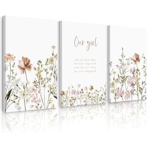 Lhoiplme Wildflower Nursery Wall Art Decor Baby Girl Room Canvas Pictures Boho Floral Nursery Wall Decor Botanical Print Pink Flower Painting for Bedroom 16x24x3 Inch Wrapped Canvas