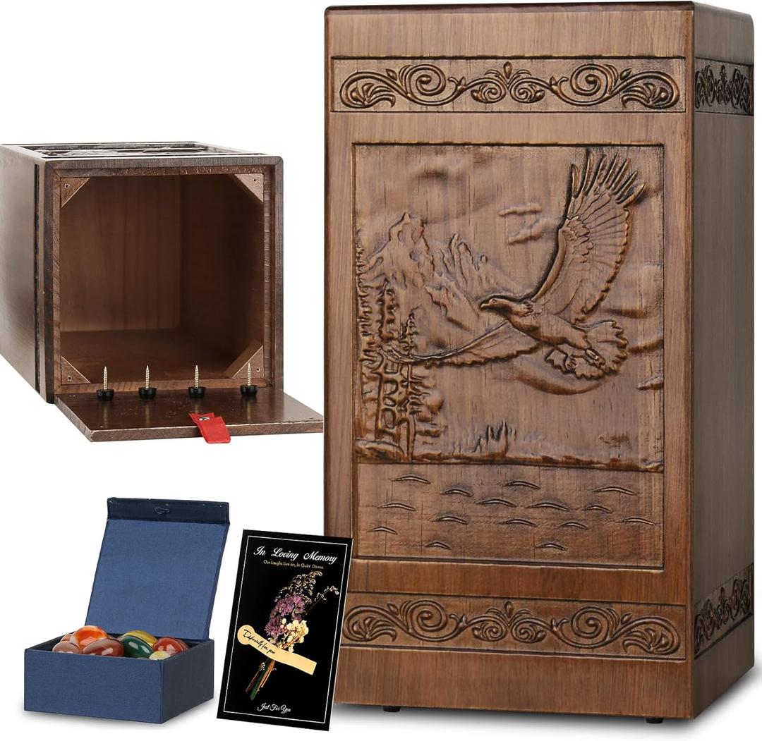 Urns for Human Ashes Adult Man, Urn for Ashes Adult Male Female, Hand-Carved Wooden Memorial Eagle Urn, Cremation Urns with Box, Stones, Dried Flowers Card, Holds 250 Cubic Inches, Eagl