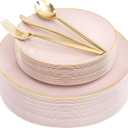 I00000 150 PCS Pink Plastic Plates for Party,Heavy Duty Pink Disposable Plates,Gold Dinnerware Set Include 30 Dinner Plates,30 Dessert Plates,30 Gold Plastic Silverware Set for Valentine's Day