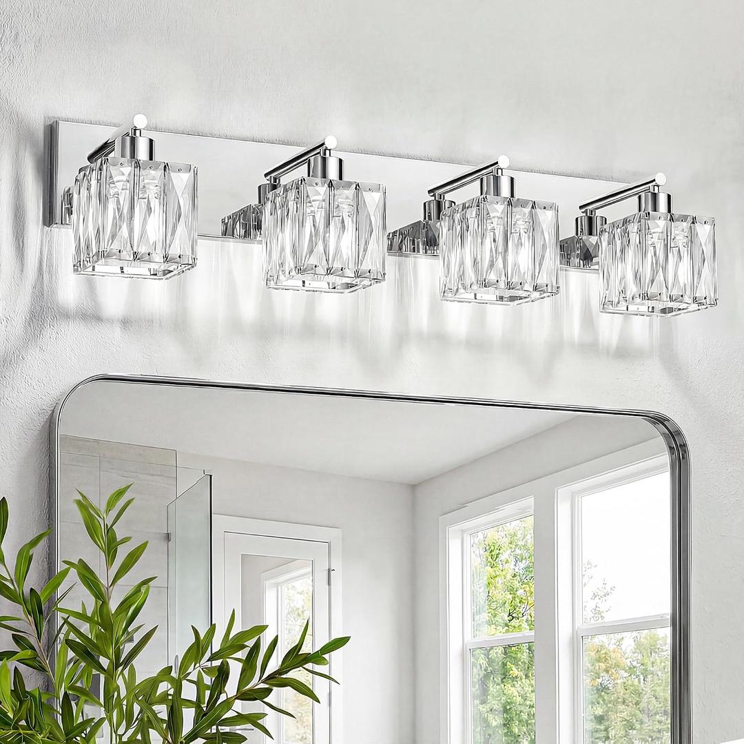 VOLISUN Chrome Bathroom Light Fixtures, Modern Stainless Steel Bathroom Lighting Fixtures Over Mirror, 4 Light Bathrooms Vanity Light, Crystal Vanity Light for Bathrooms-UL Certificated(Exclude Bulb)