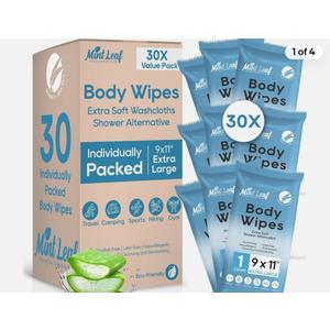 XL Deodorizing Body Wipes | Men's Extra Soft Washcloths Shower Alternative | Great for Workout Travel Gym Camping | 30 Individually Wrapped Shower Wipes | with Vitamin E Aloe Scent Pack of 4