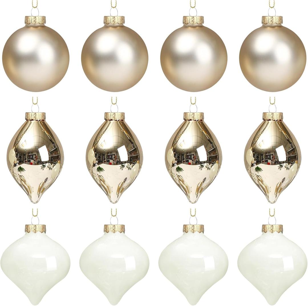 Zomiboo 12 Pcs Gold Glass Christmas Ball Ornaments Set 3.15" Hanging Shatterproof Glass Bulbs for Christmas Tree Baubles Bulk for Holiday Xmas Tree Decorations Gifts