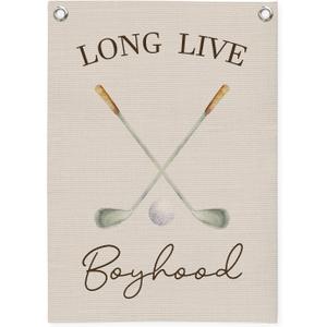 Dilemat Long Live Boyhood Canvas Banner Wall Hanging, Golf Nursery Decor,Vintage Sport Nursery Wall Decor Hanging Banner Flag for Kids Boys Toddler Room Bedroom Playroom, 18X25 Inch (white-Boyhood Baseball)
