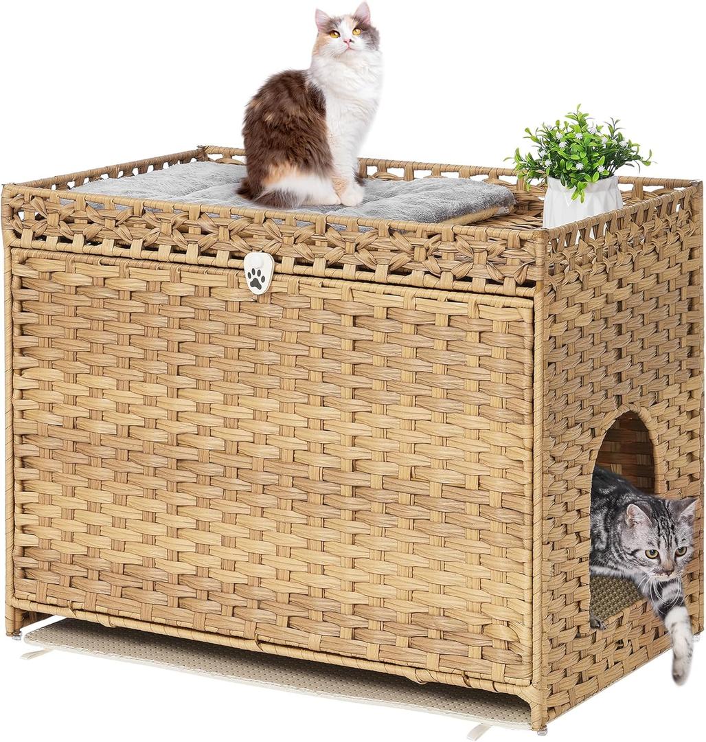 Cat Litter Box Enclosure with Soft Litter Mat; Hidden Cat Washroom Furniture with Door; Handwoven Rattan Kitten House with Large Space; Pet Crate for Living Room, Bedroom, Balcony (Natural) (30.3'' L x 18.2'' W x 24.2'' H) Cat Litter Box Enclosure with Soft Litter Mat; Hidden Cat Washroom Furniture with Door; Handwoven Rattan Kitten House with Large Space; Pet Crate for Living Room, Bedroom, Balcony (Natural) (30.3'' L x 18.2'' W x 24.2'' H)