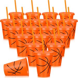 Domensi 20 Pieces Plastic Cups with Lid and Straw Reusable Tumbler Party Plastic Cups 16 oz Party Supplies Favors for Game Sport Birthday(Basketball)