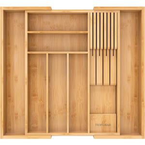 Bamboo-Silverware-Drawer-Organizer-Kitchen, Expandable Utensil Holder Cutlery Tray Flatware Organization Adjustable Wood Tableware Dividers Storage (with Removable Knife Block)(Natural) (Large)