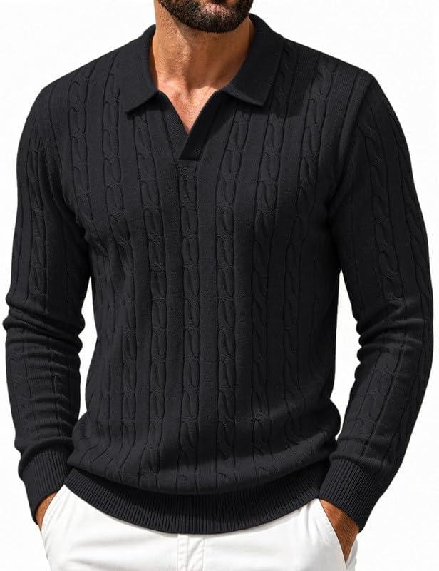 COOFANDY Mens Polo Sweater Long Sleeve Classic Twisted Knitted Pullover (Black, XL)