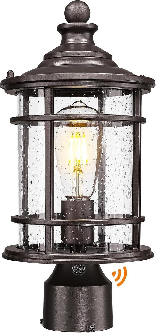 Emliviar Dusk to Dawn Outdoor Post Light, 14.9" Exterior Pillar Lantern with Seeded Glass, Outside Pole Light Fixture for Pathway, Patio, Garden, Oil Rubbed Finish, XE229P PC ORB