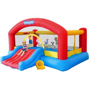 Inflatable Bounce House for Kids, 14.3 x 12.5 FT Bouncy Castle Jumper Slide with 520W Blower, Basketball Hoop, Throwing Ball Game, Ball Pits, Red