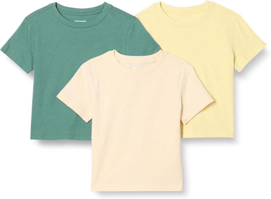 Amazon Essentials Boys and Toddlers' Short Sleeve Cotton T-shirts, Pack of 3 (X-Small, Beige/Sage Green/Pastel Yellow)