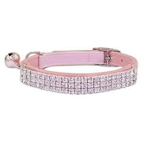 THAIN Rhinestones Cat Dog Collar Soft Velvet Safe Adjustable Collar Bling Diamante with Bells, 8-11 inch for Small Dogs and Cats (Pink)