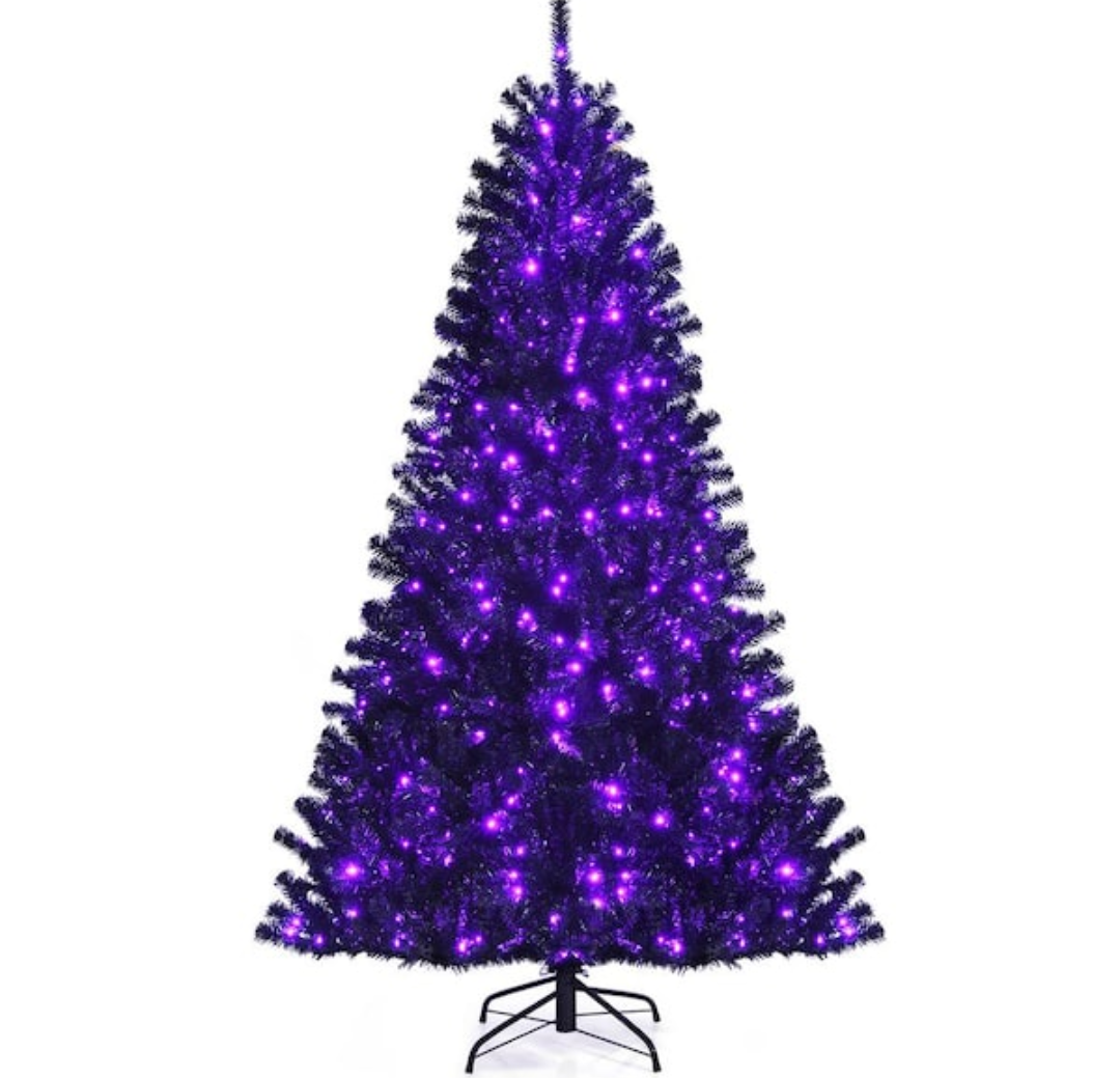 7 ft. Pre-lit PVC Halloween Artificial Christmas Tree Black with 500 Purple LED Lights