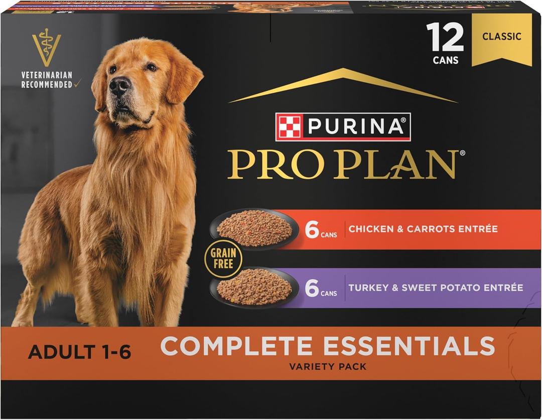 Purina Pro Plan Wet Dog Food Grain Free Complete Essentials Variety Pack, Chicken and Carrots and Turkey and Sweet Potato Entrees - (Pack of 12) 13 oz. Cans (EXP 04/30/28)