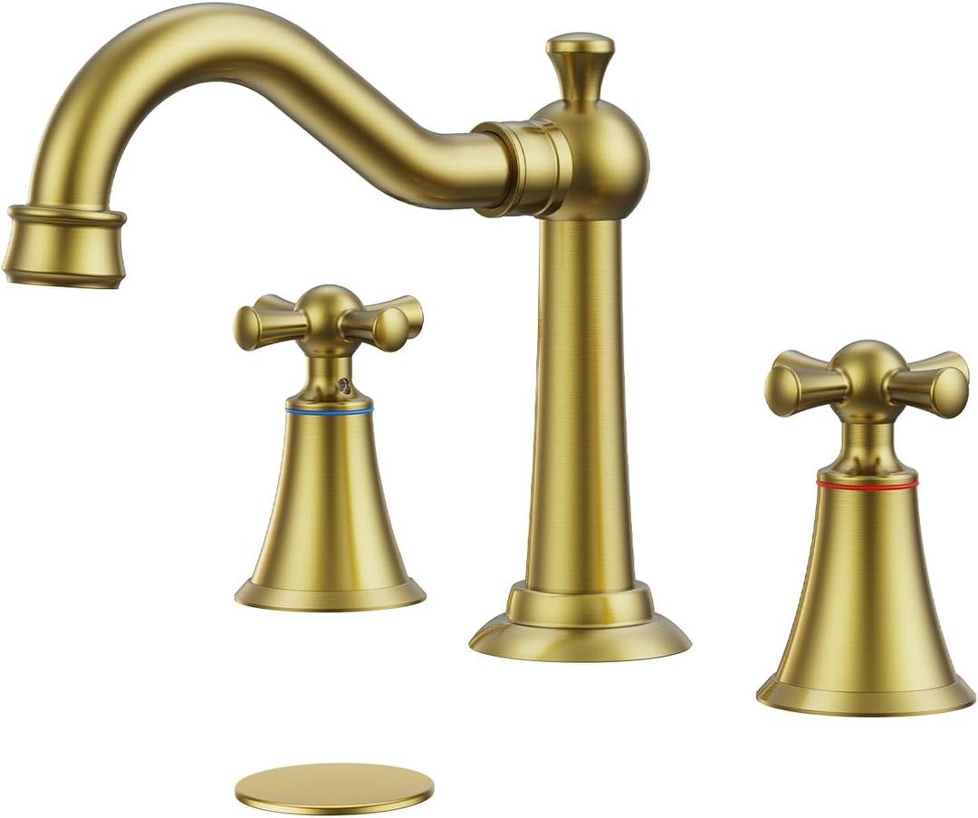 Hurran 8 Inch Widespread Bathroom Sink Faucet Brushed Gold, 3 Hole 2 Cross Handles Classic Vintage Antique Faucet with Metal Pop Up Drain and Supply Hoses for Vanity, RV, Farmhouse