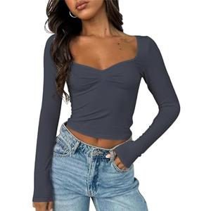 TiulZial Women's Long Sleeve Going Out Crop Top Sexy Pleated Trendy Shirt Sweetheart Neck Y2K Ruched Cropped Tops,M