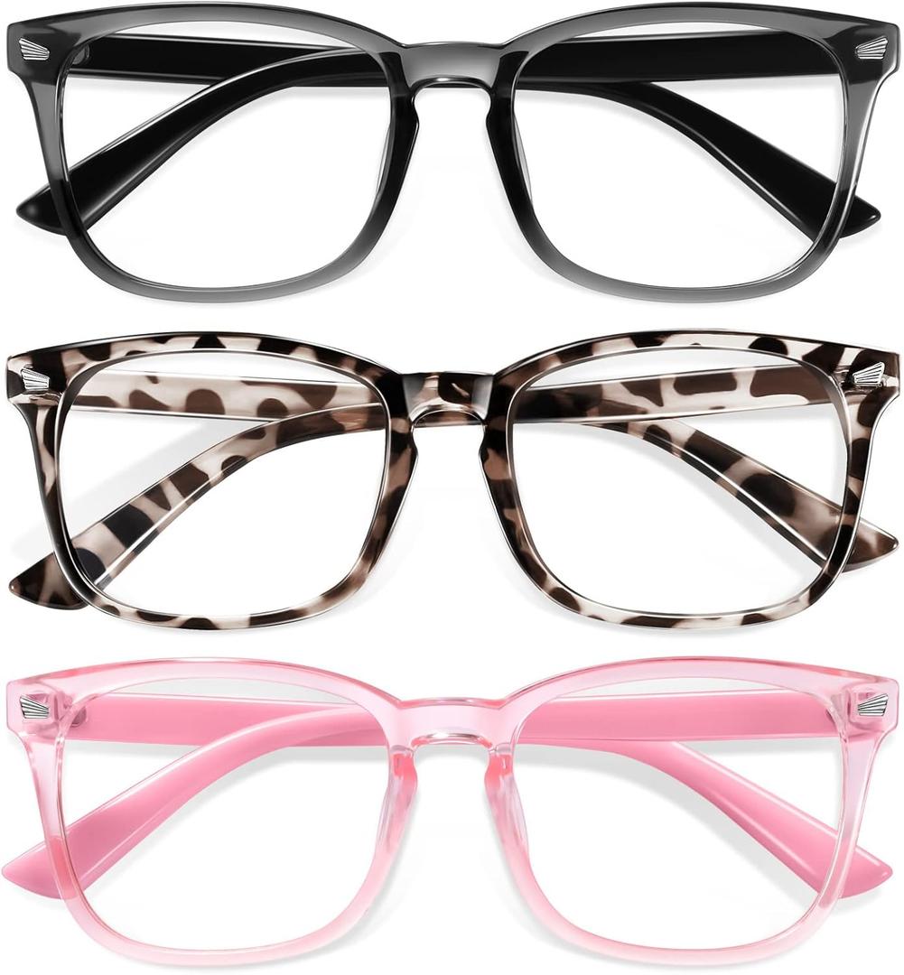Okany Blue Light Glasses for Kids 3 Pack Blue Light Blocking Glasses for Girls Boys Computer Gaming Screen Glasses, Anti Glare Eyestrain Teen Fashion Glasses Age 3-10 (Grey Black+Leopard+Pink)