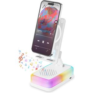 Wireless Induction Bluetooth Speaker with 360 Rotating Phone Stand, 3000mAh Large Battery, 5 in 1 Portable Cell Phone Holder with RGB Light & Emergency Charger, Tech Gifts for Men Women, (White)